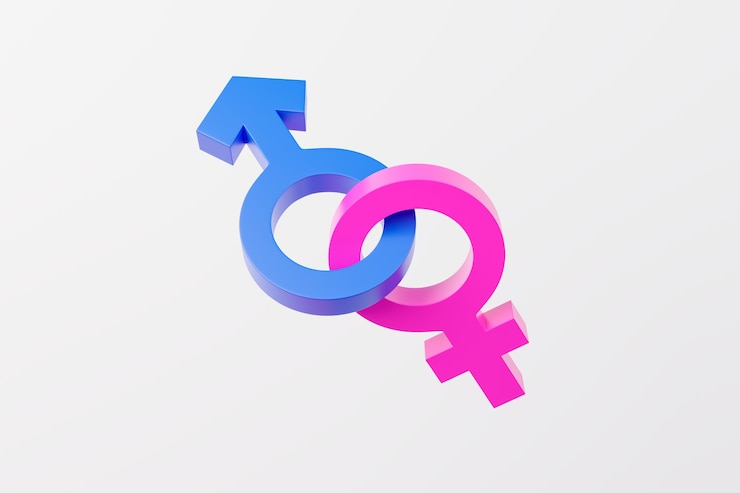 Photo symbols of male and female gender united on white background.