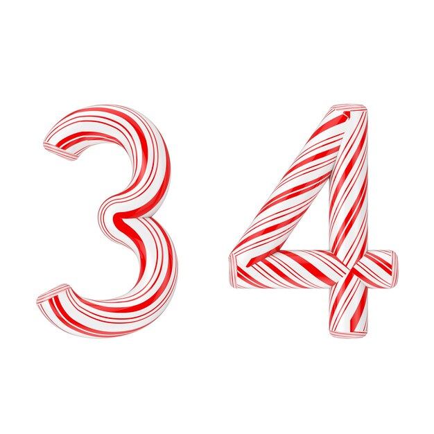 Symbool 3 en 4 Mint Candy Cane Alfabetletters nummers collectie gestreept in rode kerst kleur op een witte achtergrond. 3D-rendering