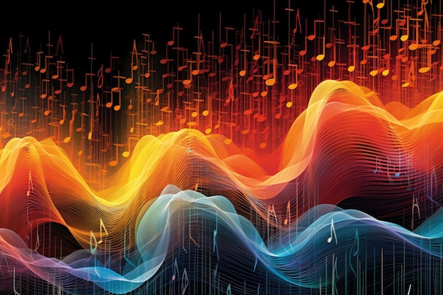 Symfonie van geluidsgolven gevisualiseerd door levendige en golvende lijnen