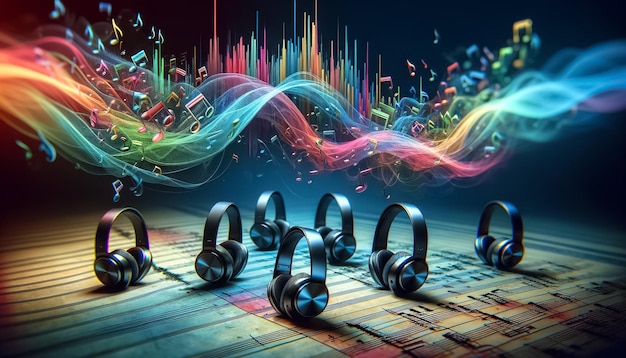 Foto symfonie van geluidskoptelefoon en golven in een harmonische weergave