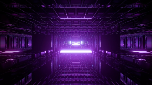 Symmetric 3D illustration of abstract dim modern tunnel illuminated with vivid violet lamps