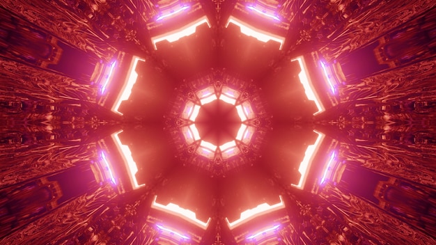 Симметричная трехмерная иллюстрация футуристического туннеля в форме восьмиугольника, освещенного яркими красными лампами