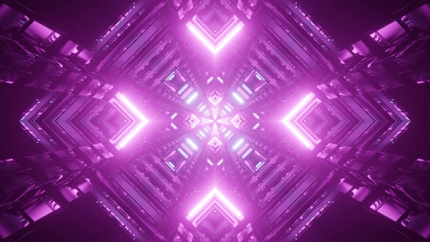 Symmetric 3D illustration of rhombus shaped tunnel glowing with bright lamps of purple color