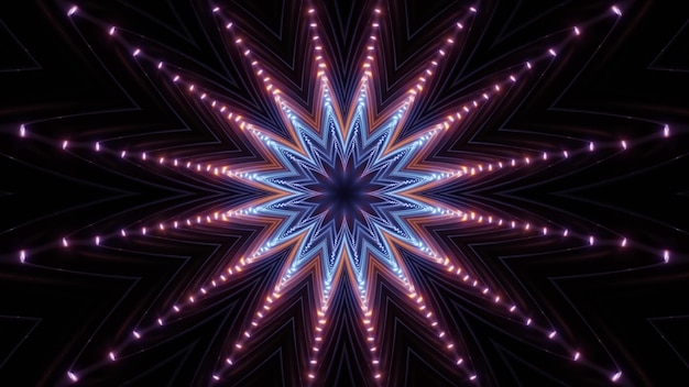 Symmetric 4K UHD abstract pattern with bright neon lights glowing in dark tunnel as 3D illustration