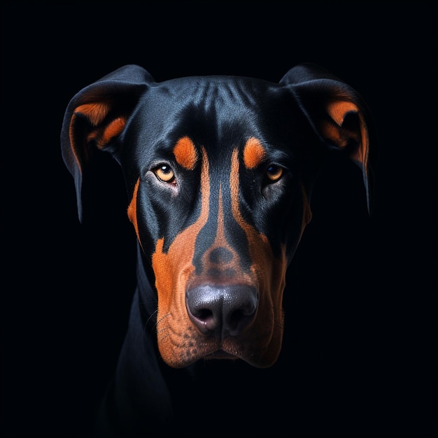 Symmetric closeup portrait photo of dog on dark background generative ai