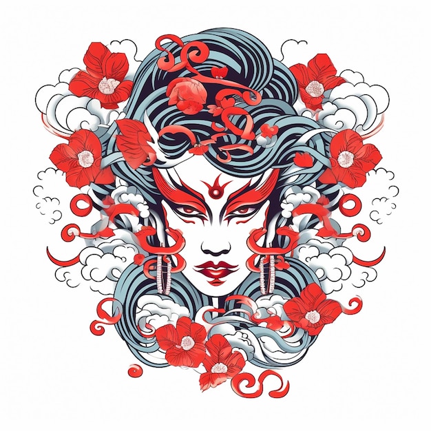 Symmetric geisha portrait with roses outline of cartoon design for tshirt mug case