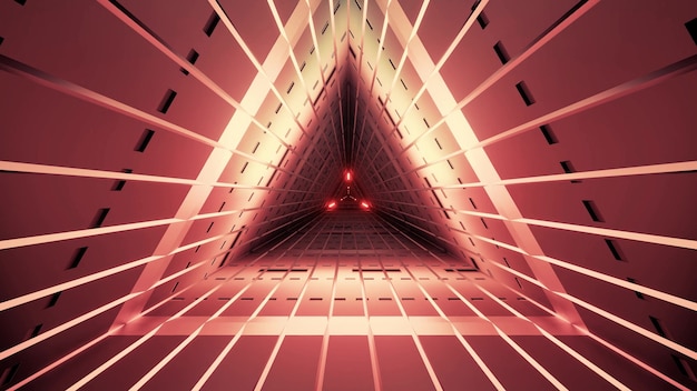 Symmetric triangle tunnel of red color with straight lines and neon illumination