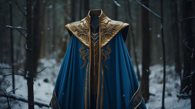 Photo symmetrical azure and dark gold gown a heroic winter fantasy