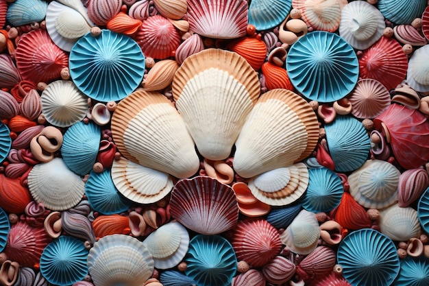 Photo a symmetrical composition of vibrant seashells displaying a range of stunning colors and patterns