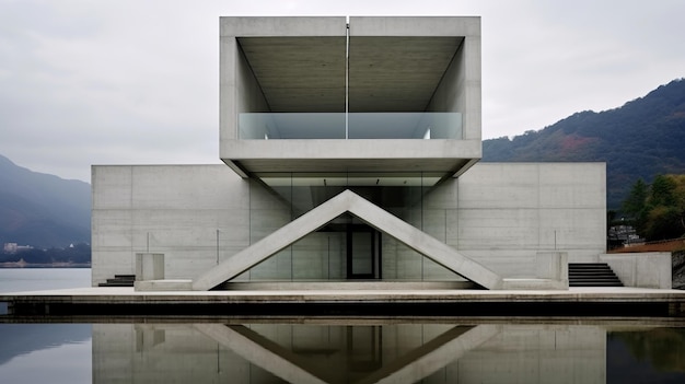 Foto simmetrico edificio in cemento con vista sull'acqua architettura decostruttivista di tadao ando