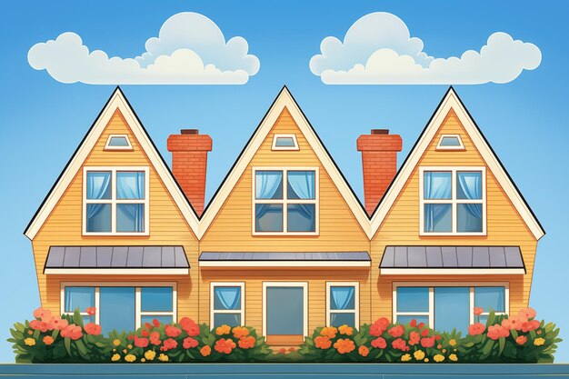 Симметричные спальни на домике с мысом на фоне иллюстрации в стиле журнала "Голубое небо"
