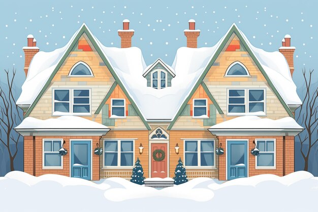 Symmetrical dormers on cape cod in snowy weather magazine style illustration