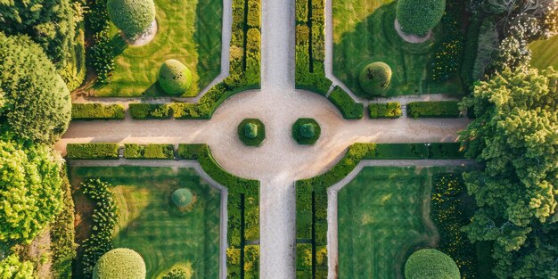 대칭적 인 우아 한 자갈 길 은 토피아리 로 장식 된 기하학적 으로 즐거운 프랑스식 정원 을 가로지르고 있다