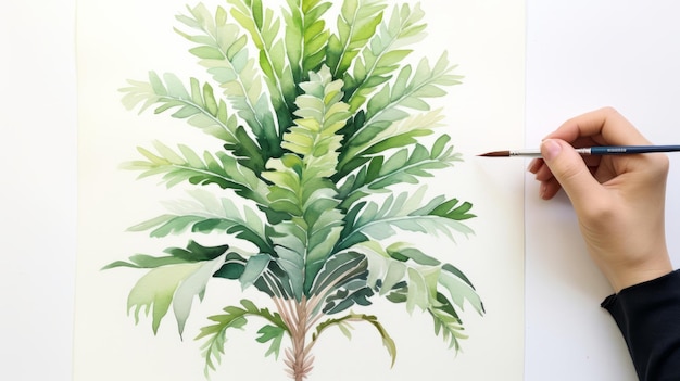 Foto illustrazione ad acquerello di felci simmetriche con l'albero di yucca