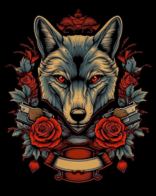 Symmetrical flower and husky portrait with black background AI generated