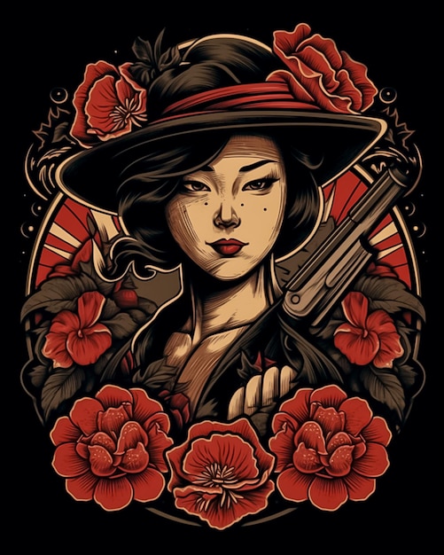 Symmetrical flower and janpanese girl portrait with black background AI generated