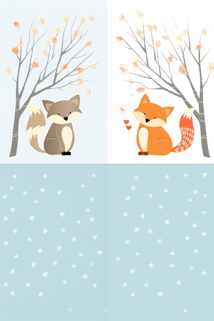 Симетричная иллюстрация двух влюбленных лис на зимнем фоне с пространством для копирования