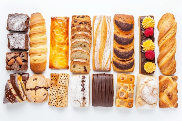 Symmetrical Photo Of Assorted Bakery Treats With Vertical Lines On White Background Perfectly Arran