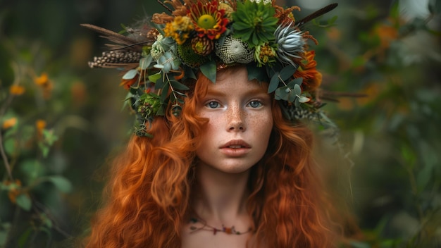 A symmetrical portrait of a girl with autumn flowers and berries on her head