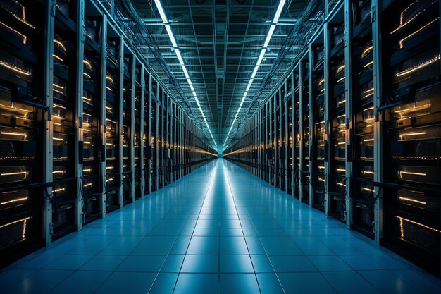 Symmetrical rows of servers stretching into the distance