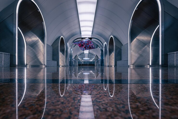 Photo symmetrical view of metro station rizhskaya with metal and natural stone in decor moscow russia