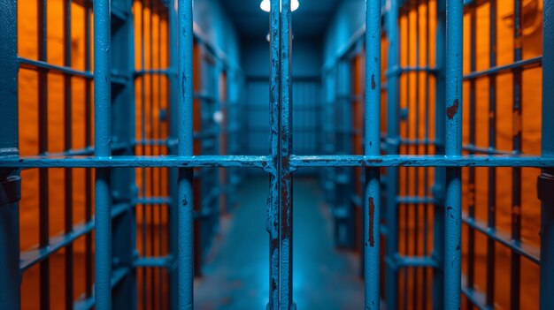 Symmetrical view of prison jail cells with iron bars and blue lighting