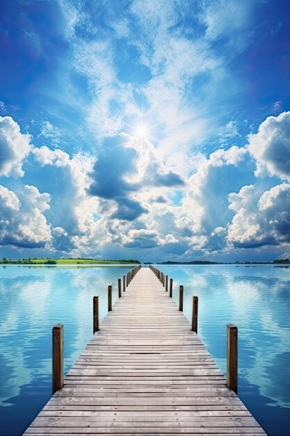 Symmetrical Wooden Pier on Beautiful Blue Lake with Bright Cloudscape in Colourful Background