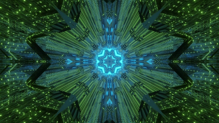 Symmetrisch caleidoscopisch ornament dat met helder neonlicht schijnt en een abstracte tunnel vormt