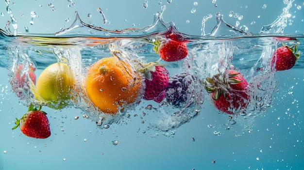 Foto symmetrisch fruit splash in water concept