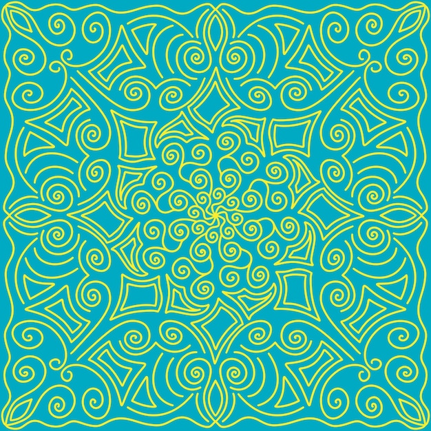 Foto symmetrisch vierkant patroon van etnische kazachse elementen in turquoise en gele nationale vlagkleuren