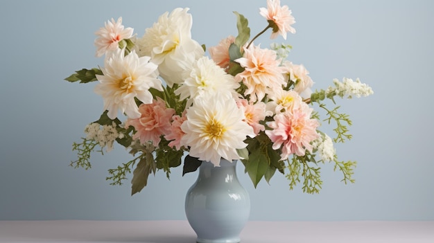 Symmetrische rangschikking van witte en roze bloemen in een blauwe vaas