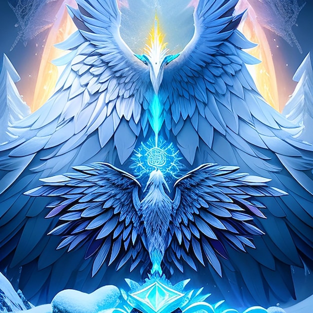 Symmetry product render poster vivid colors divine proportion eagle ice and snow glowing fog