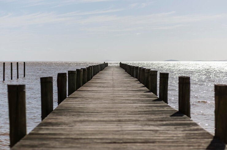 Photo the symmetry of the wooden pier in the itapua park guaiba river and the skyline in the background