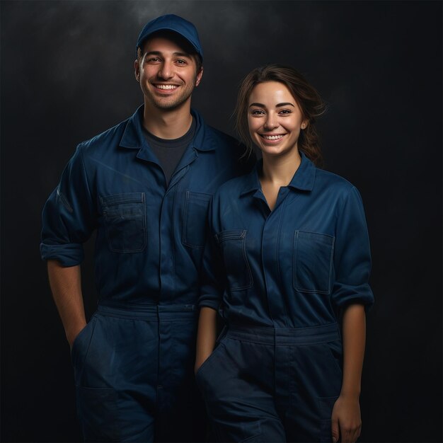 Foto sympathische jonge mannelijke en vrouwelijke arbeiders in blauwe combinese