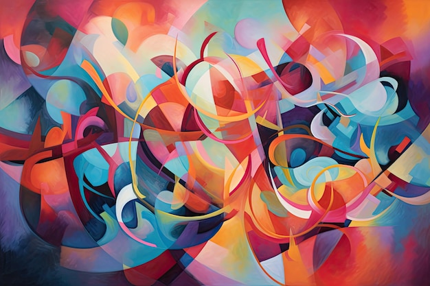 Symphony of abstract shapes and colors on a vibrant background evoking a sense of joy movement