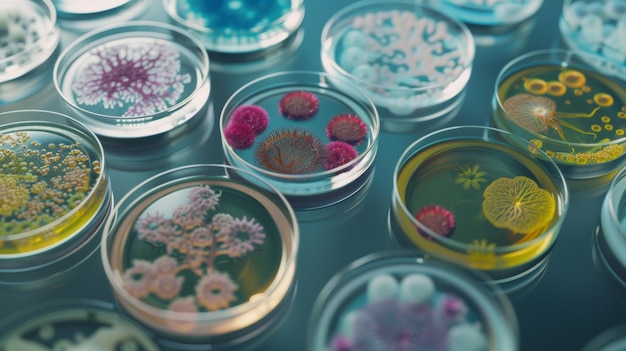 A symphony of colors within petri dishes represents diversified bacterial cultures