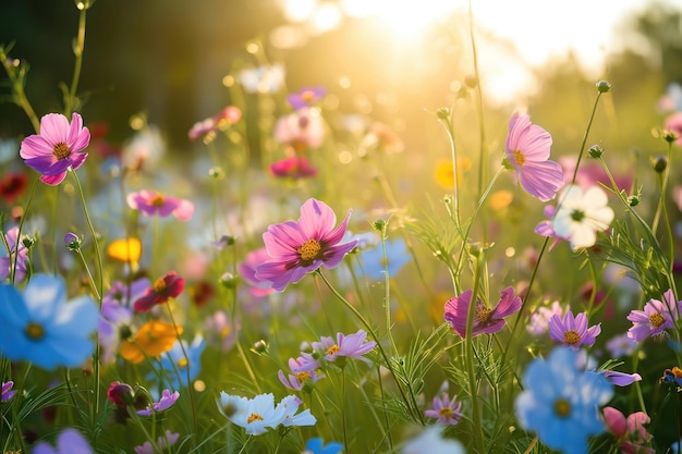 A symphony of delicate flowers blooming in a sunlit meadow