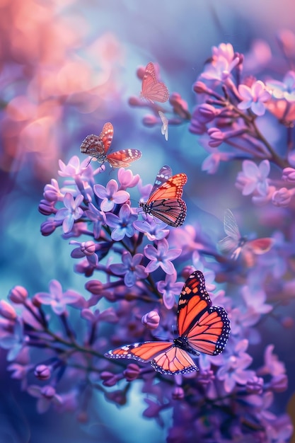 A Symphony of Spring The Enchanting Dance of Butterflies and Bees Around a Blooming Lilac Bush