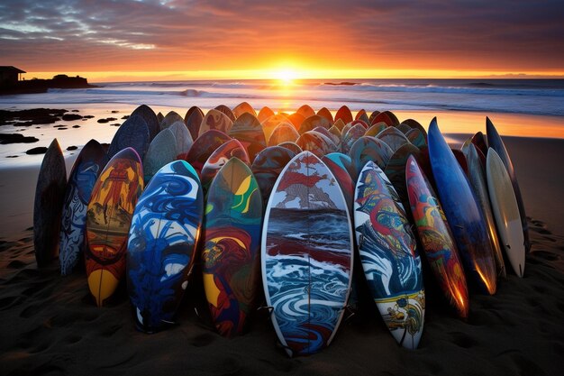 A symphony of surfboards on the shore