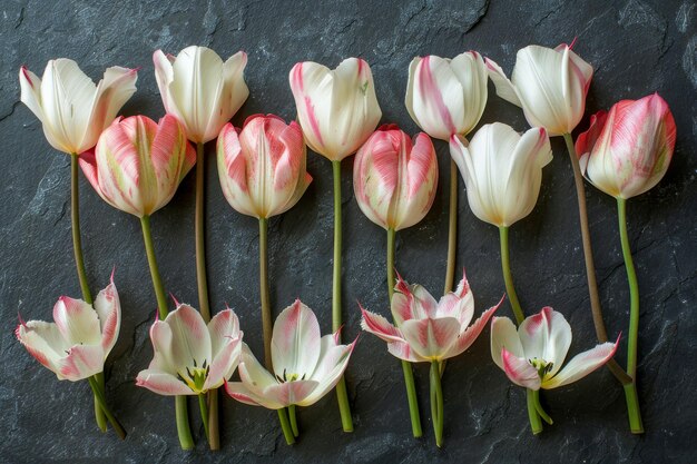 Foto una sinfonia di tulipani variegati in piena fioritura il contrasto dei loro morbidi petali contro la pietra scura ruvida è affascinante