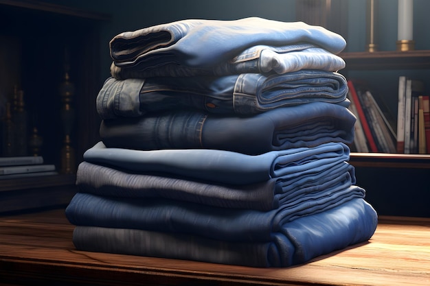 A symphony of warmth and style in a neatly stacked ensemble of jeans and sweaters