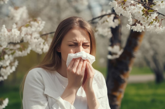 Symptomen van pollenallergie vrouw zomerpark buiten wandelen genereren ai