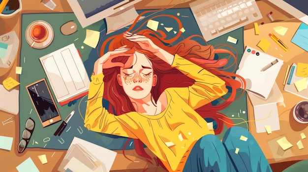 Photo symptoms of working burnout worn out girl lying on messy desk with trash spilled coffee and documents near computer cartoon modern illustration