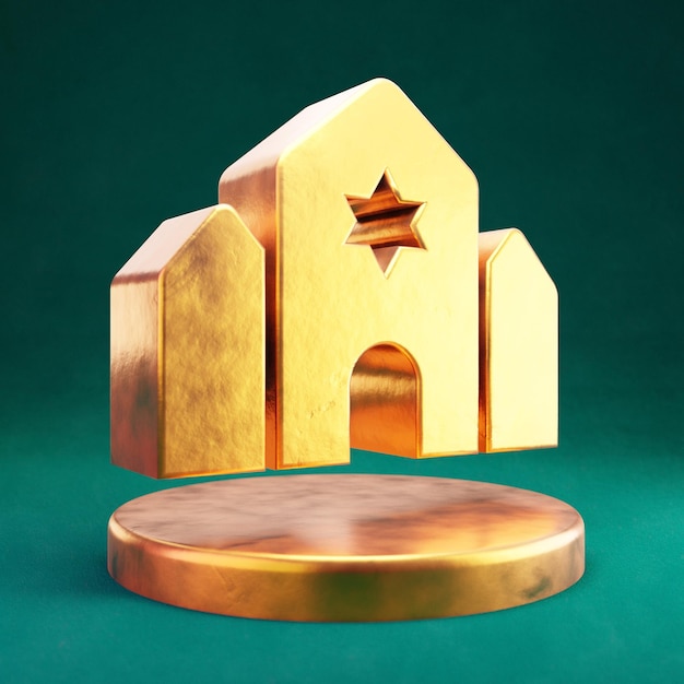 Synagogue icon. Fortuna Gold Synagogue symbol with Tidewater Green background. 3D rendered Social Media Icon.