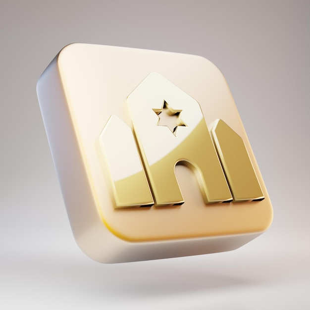 Synagogue icon. Golden Synagogue symbol on matte gold plate. 3D rendered Social Media Icon.