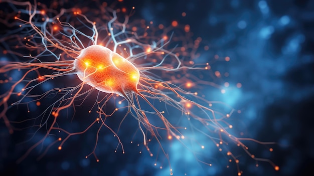 Synapses and neural connections in human brain glowing with orange and blue medical science backdrop