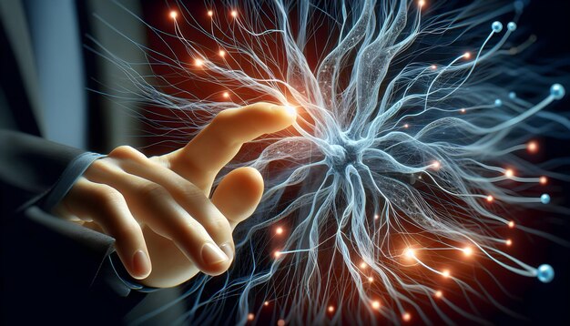 Synaptische aanraking Close up van een hand met synaptische draad zoals verbindingen in zakelijke innovatie abst