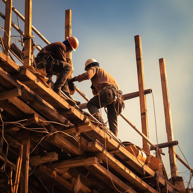 Synchronized Construction Team on Scaffolding