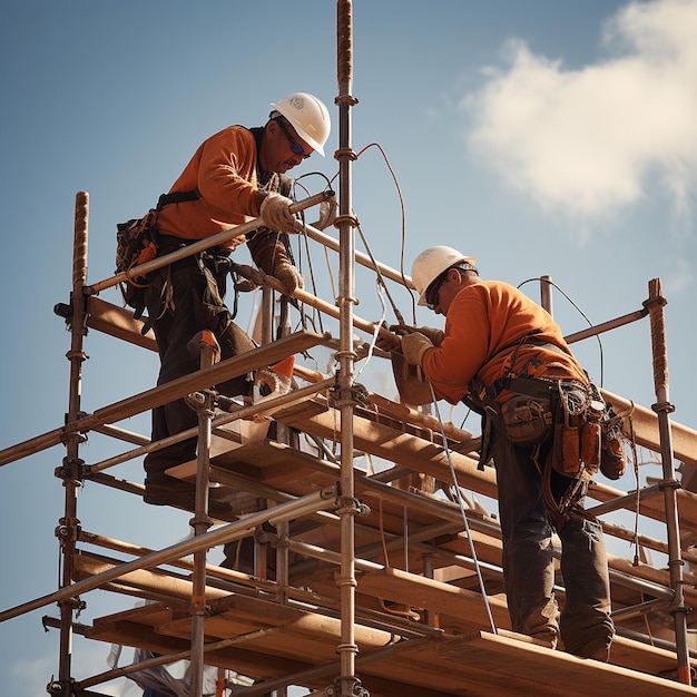 Synchronized Construction Team on Scaffolding