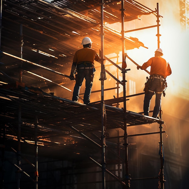 Synchronized Construction Team on Scaffolding